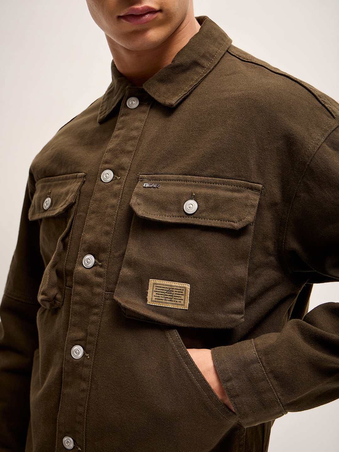 Men Olive Solid Regular Fit Denim Jacket