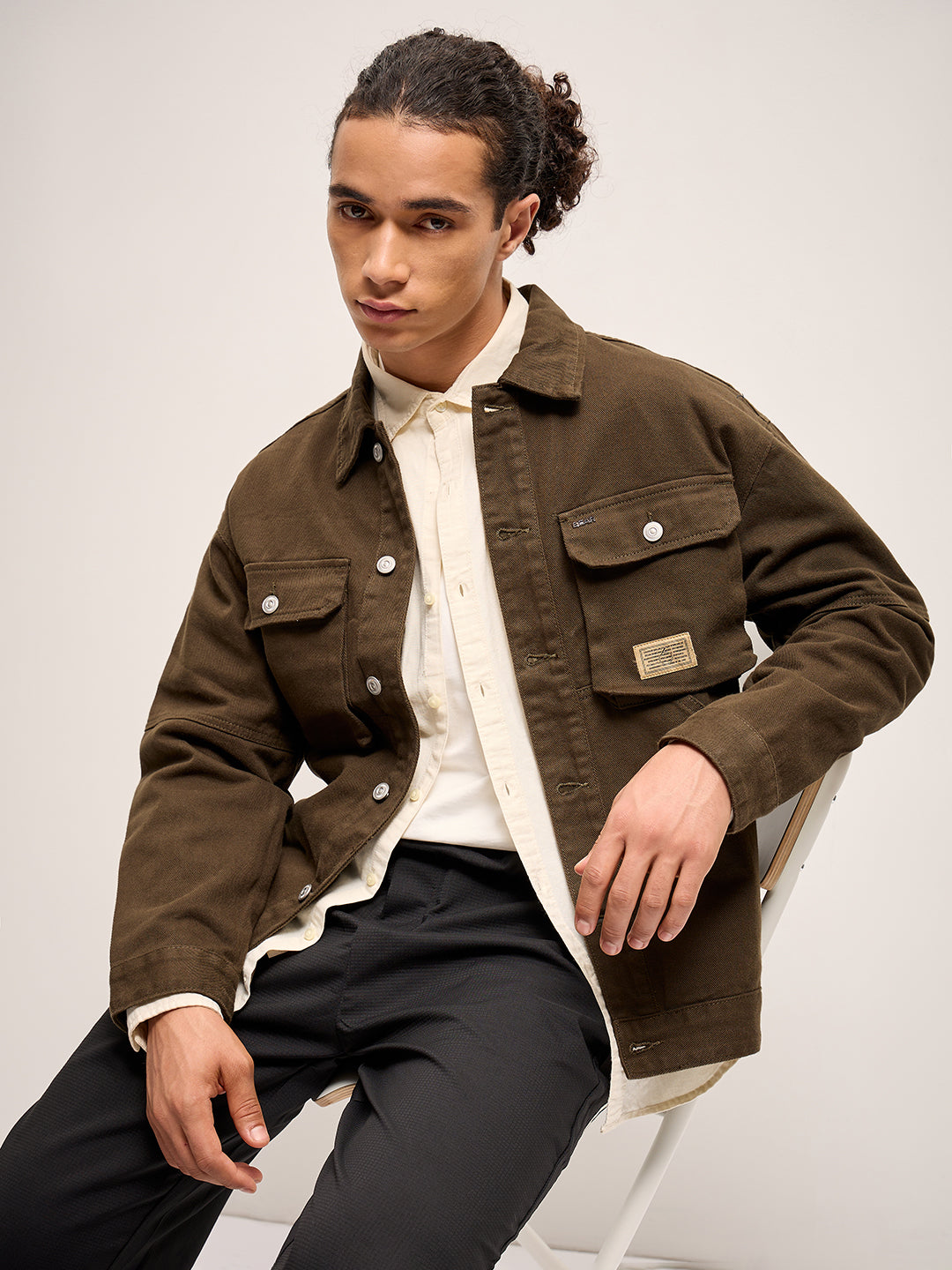Men Olive Solid Regular Fit Denim Jacket