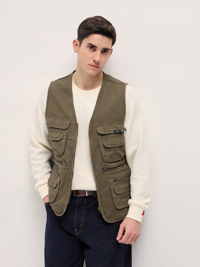 Men Olive Outdoor Utility Multi-Pocket Vest Jacket