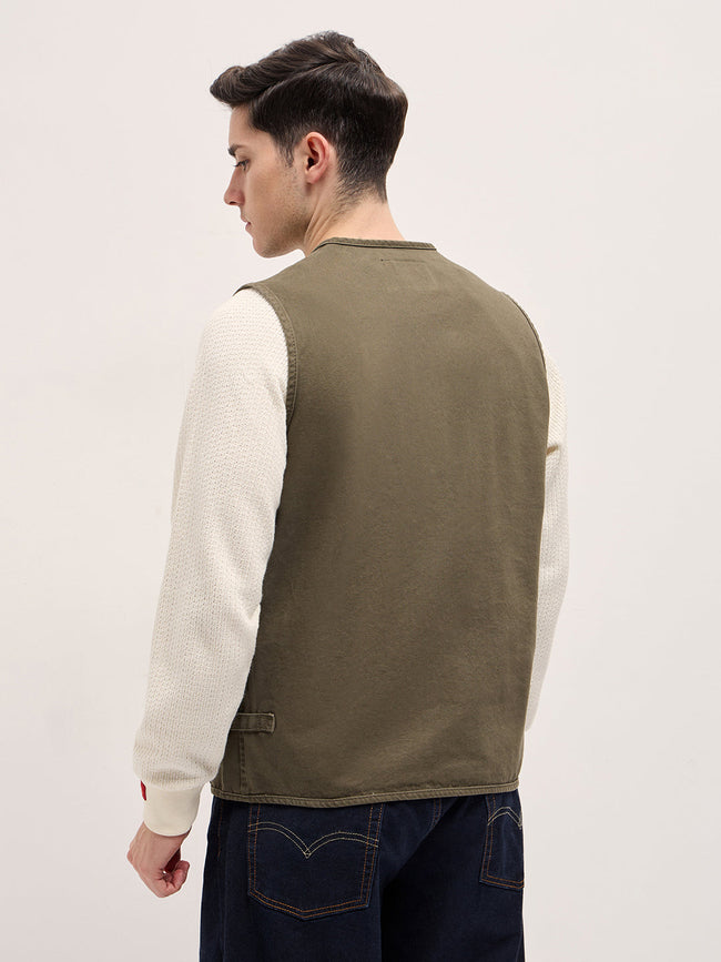 Men Olive Outdoor Utility Multi-Pocket Vest Jacket