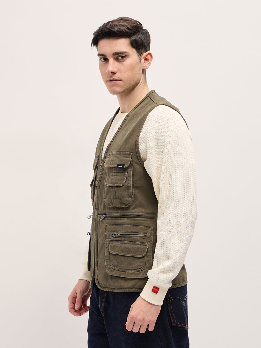 Men Olive Outdoor Utility Multi-Pocket Vest Jacket