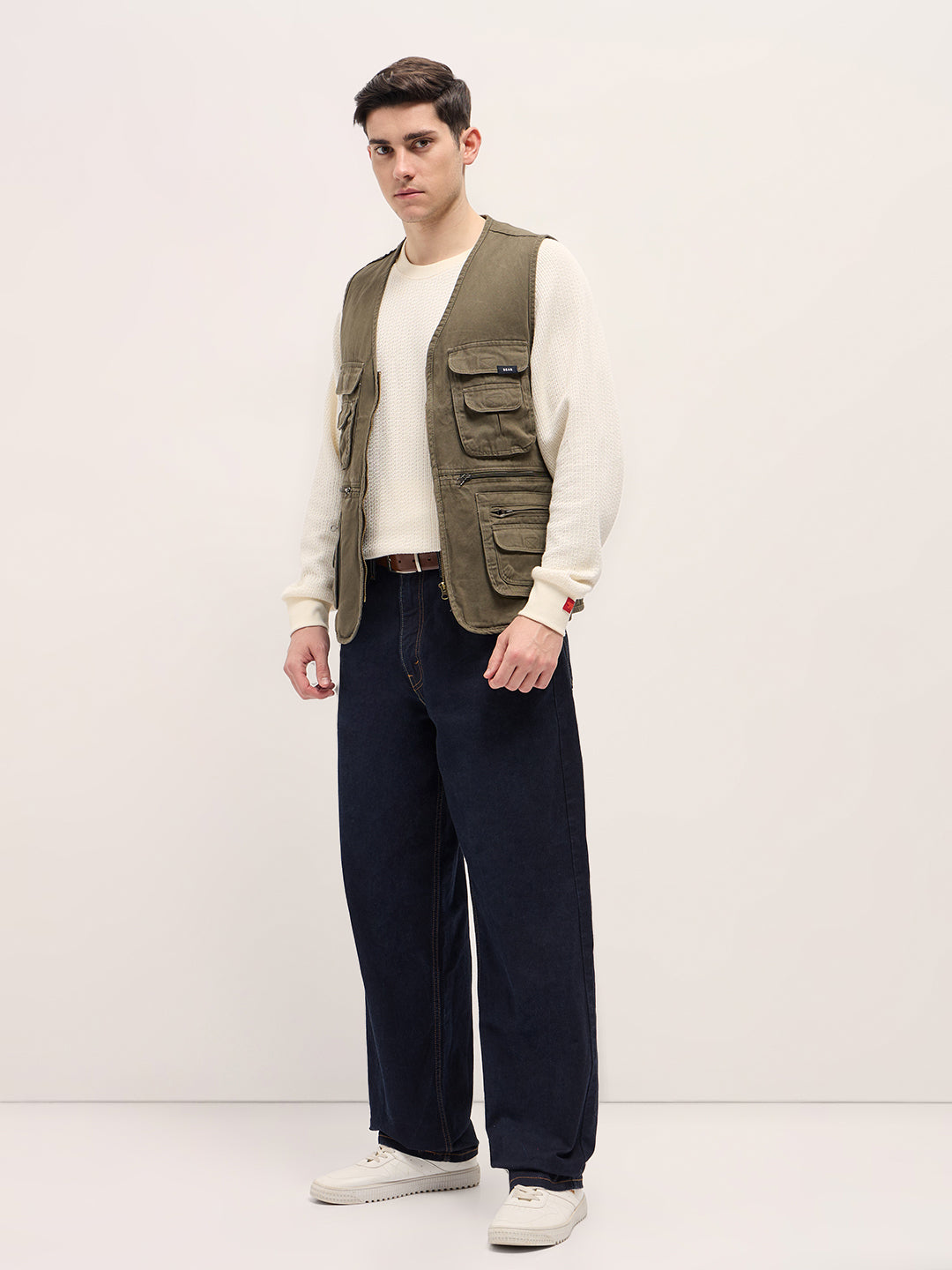 Men Olive Outdoor Utility Multi-Pocket Vest Jacket