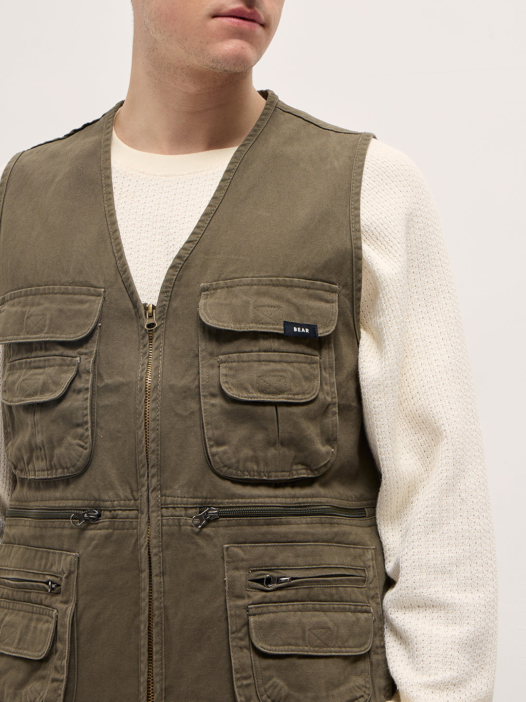 Men Olive Outdoor Utility Multi-Pocket Vest Jacket