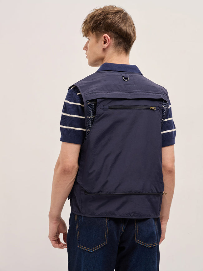 Men Navy Blue Outdoor Utility Multi-Pocket Vest Jacket