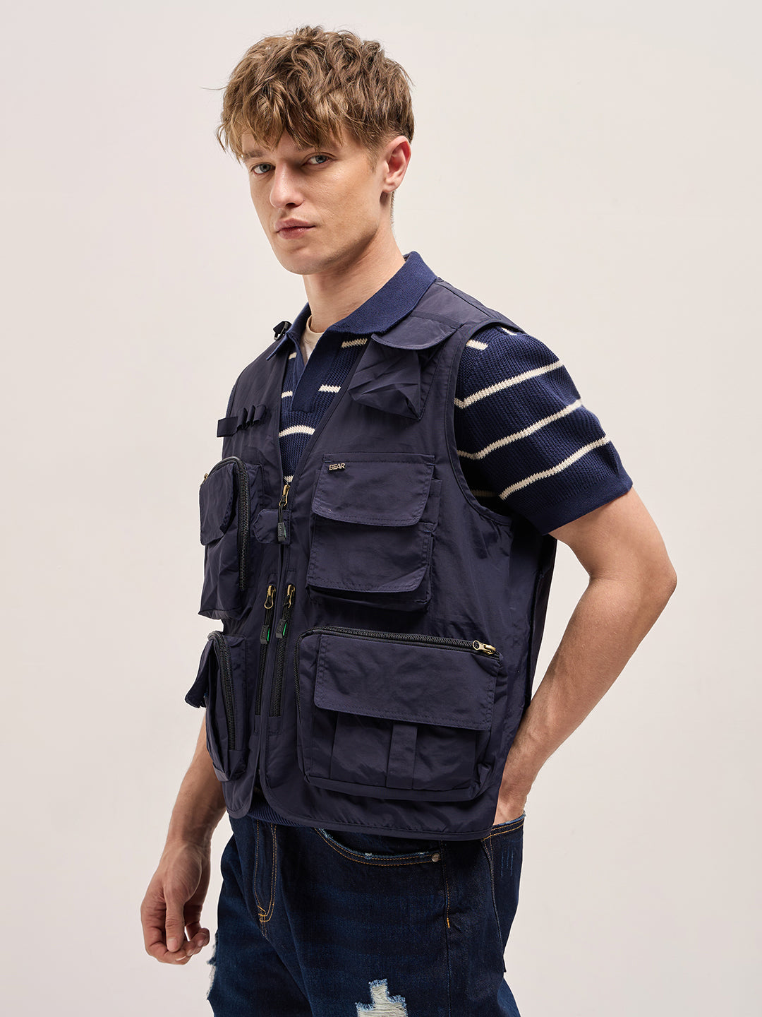 Men Navy Blue Outdoor Utility Multi-Pocket Vest Jacket