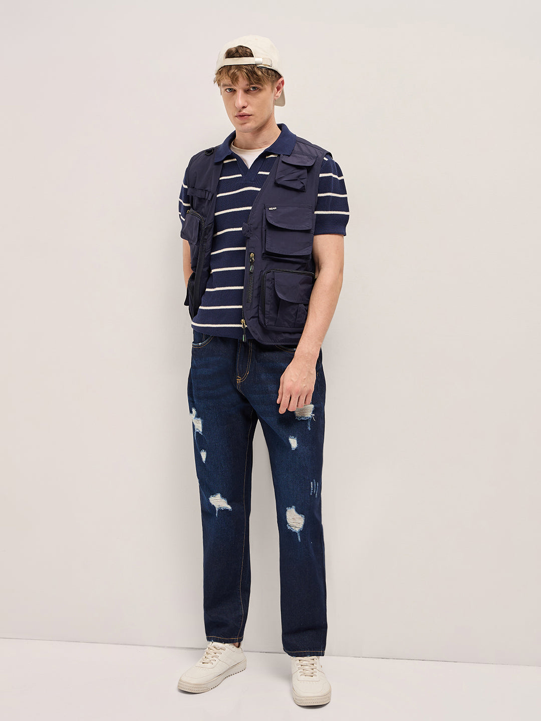 Men Navy Blue Outdoor Utility Multi-Pocket Vest Jacket