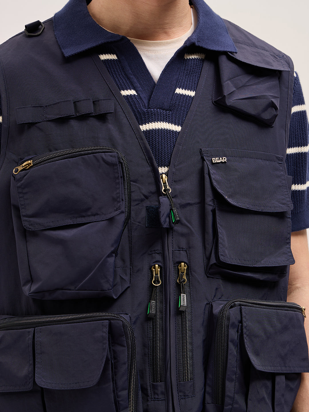 Men Navy Blue Outdoor Utility Multi-Pocket Vest Jacket