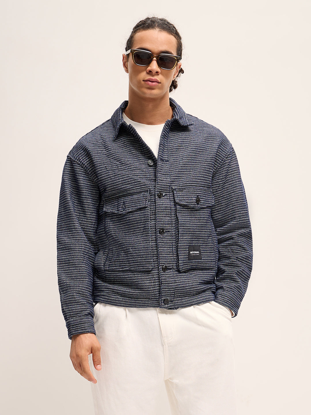 Men Blue Self Design Regular Fit Classic Denim Jacket