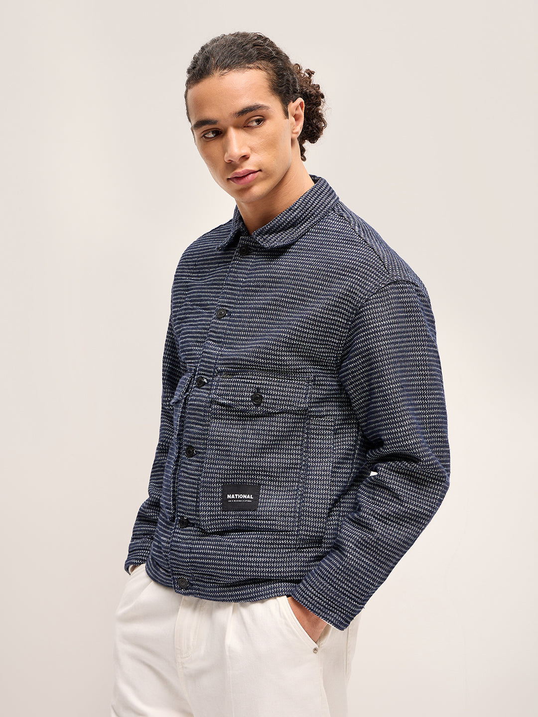 Men Blue Self Design Regular Fit Classic Denim Jacket