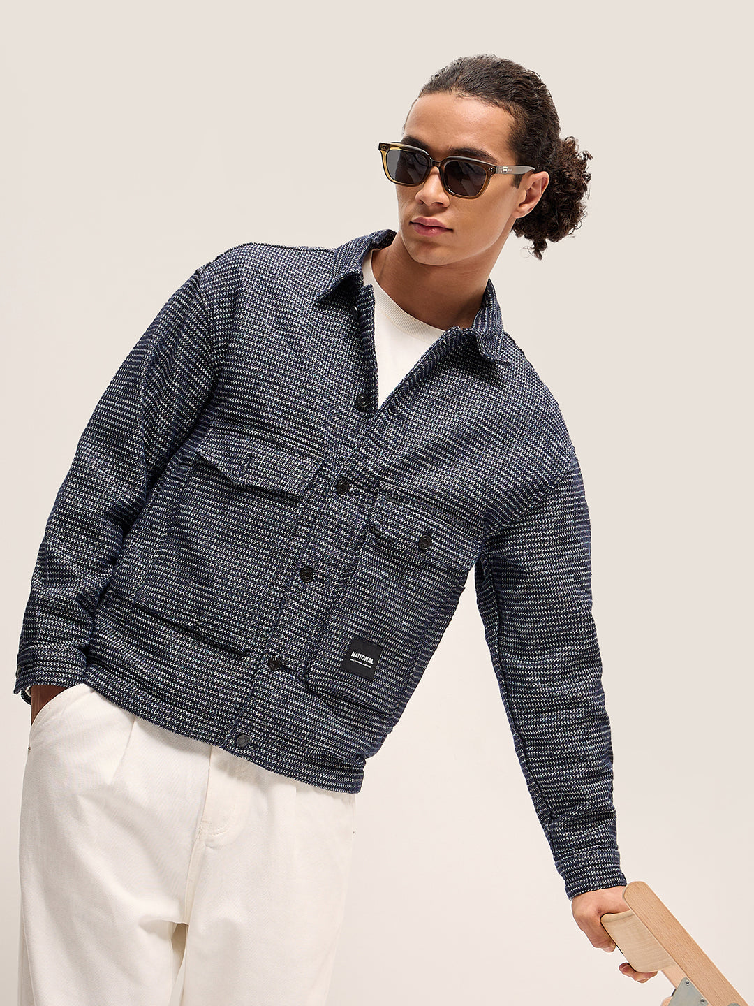 Men Blue Self Design Regular Fit Classic Denim Jacket