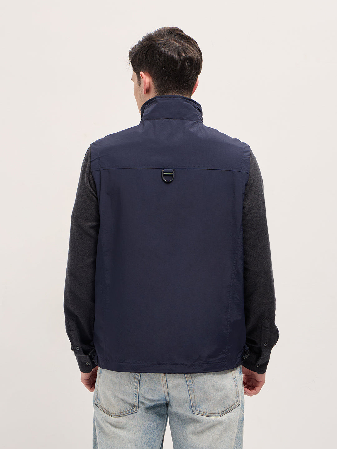 Men Navy Blue Outdoor Utility Multi-Pocket Vest Jacket
