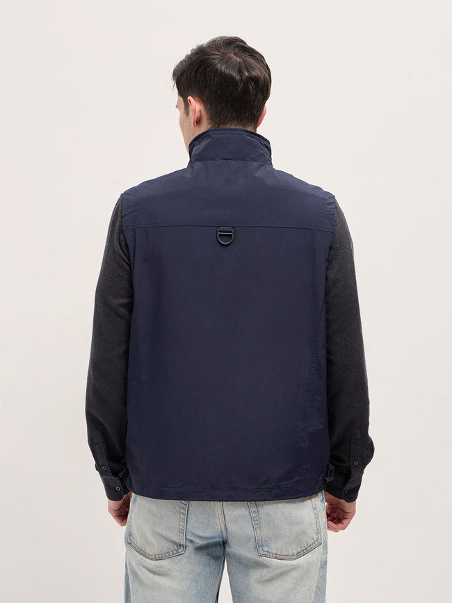Men Navy Blue Outdoor Utility Multi-Pocket Vest Jacket
