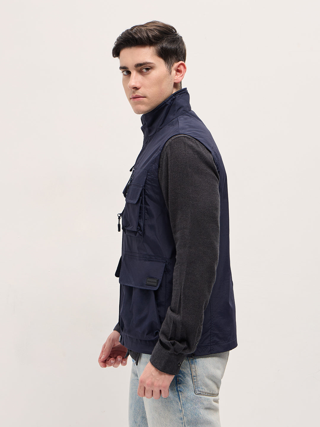Men Navy Blue Outdoor Utility Multi-Pocket Vest Jacket