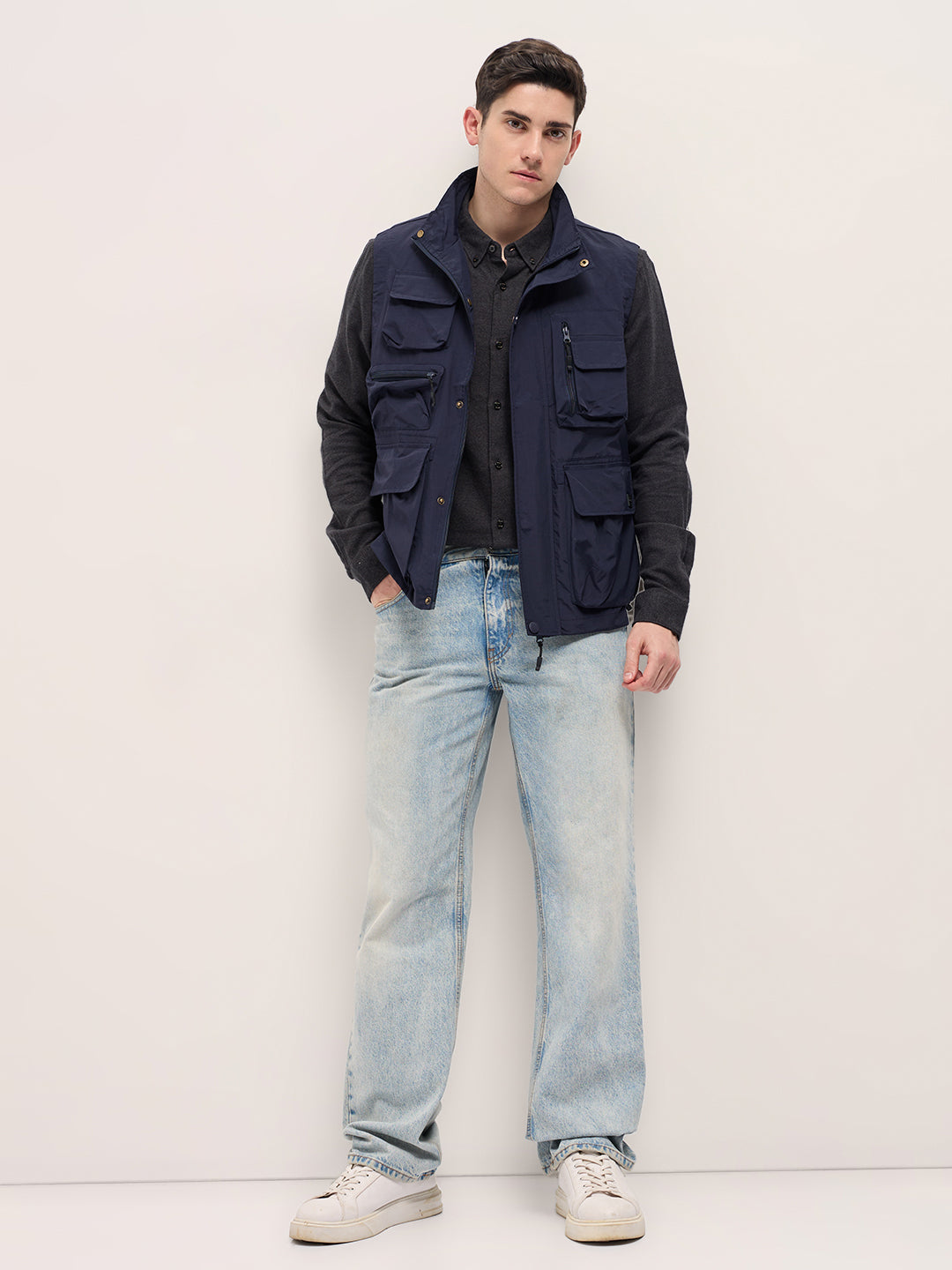 Men Navy Blue Outdoor Utility Multi-Pocket Vest Jacket