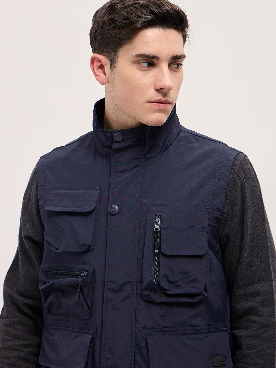 Men Navy Blue Outdoor Utility Multi-Pocket Vest Jacket