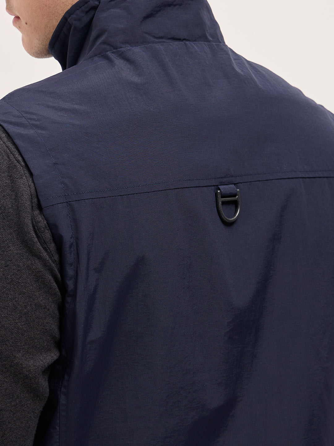 Men Navy Blue Outdoor Utility Multi-Pocket Vest Jacket