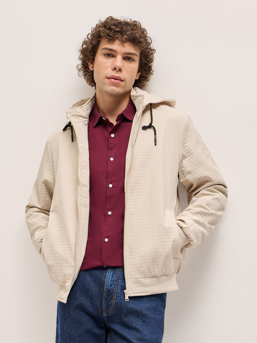 Men Cream Checked Jacket