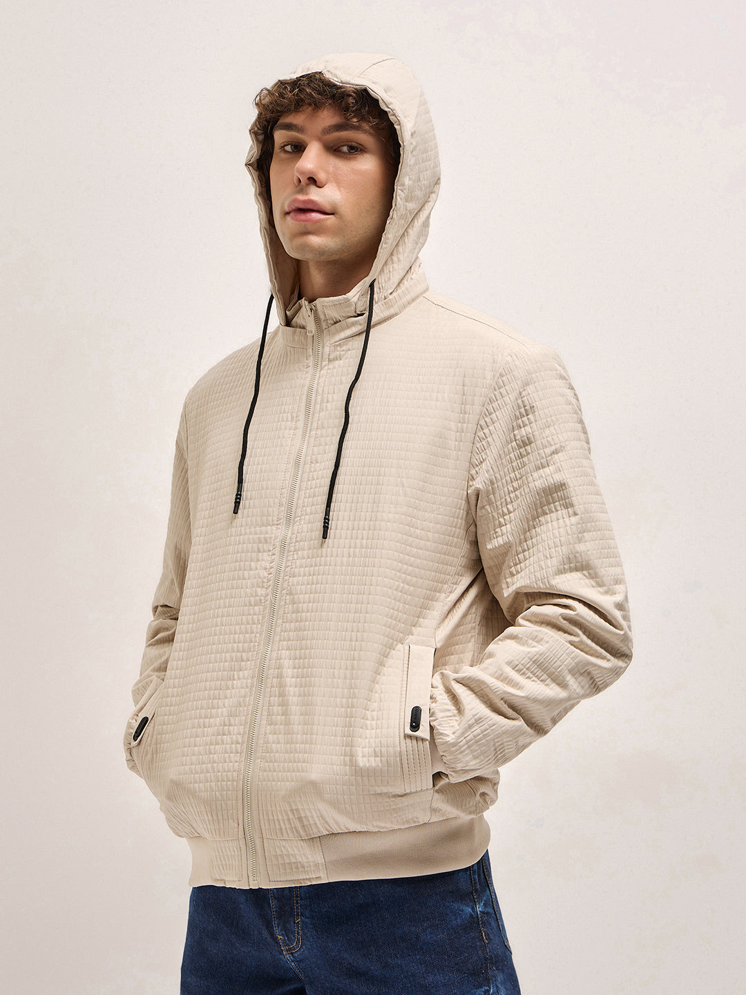 Men Cream Checked Jacket