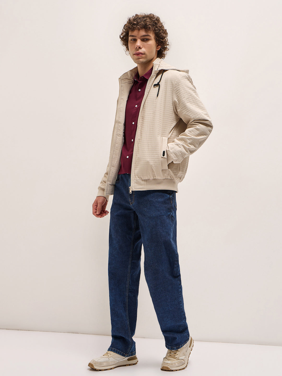 Men Cream Checked Jacket