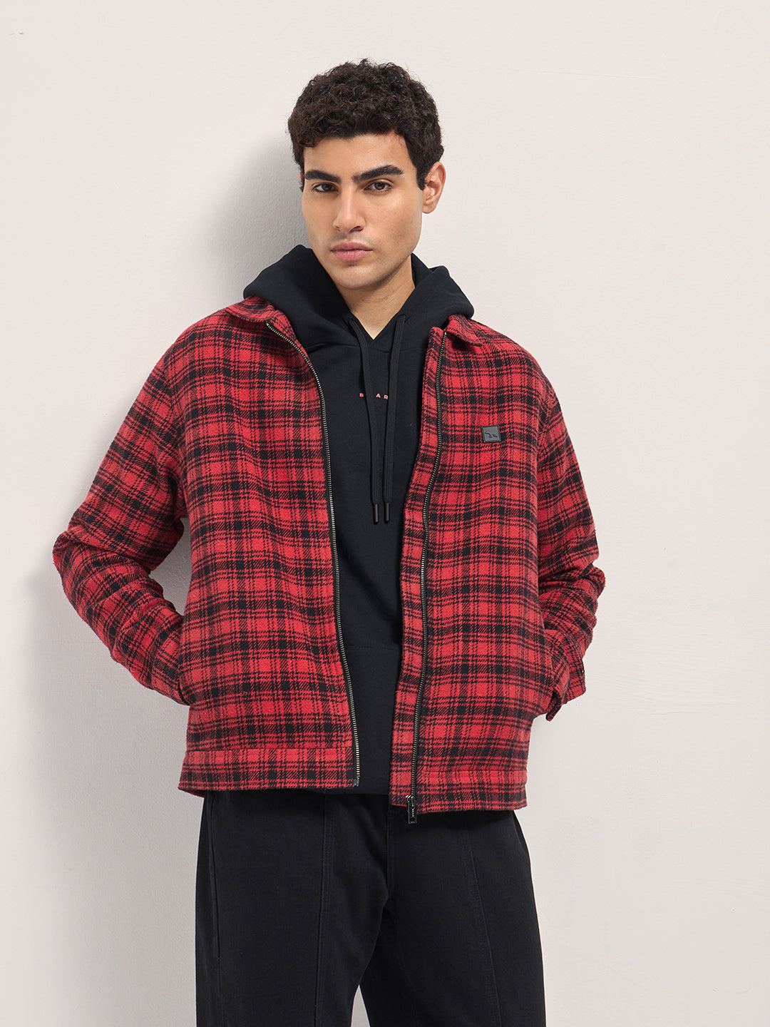 Men Red & Black Regular Fit Flannel Check Jacket