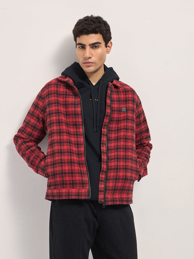 Men Red & Black Regular Fit Flannel Check Jacket