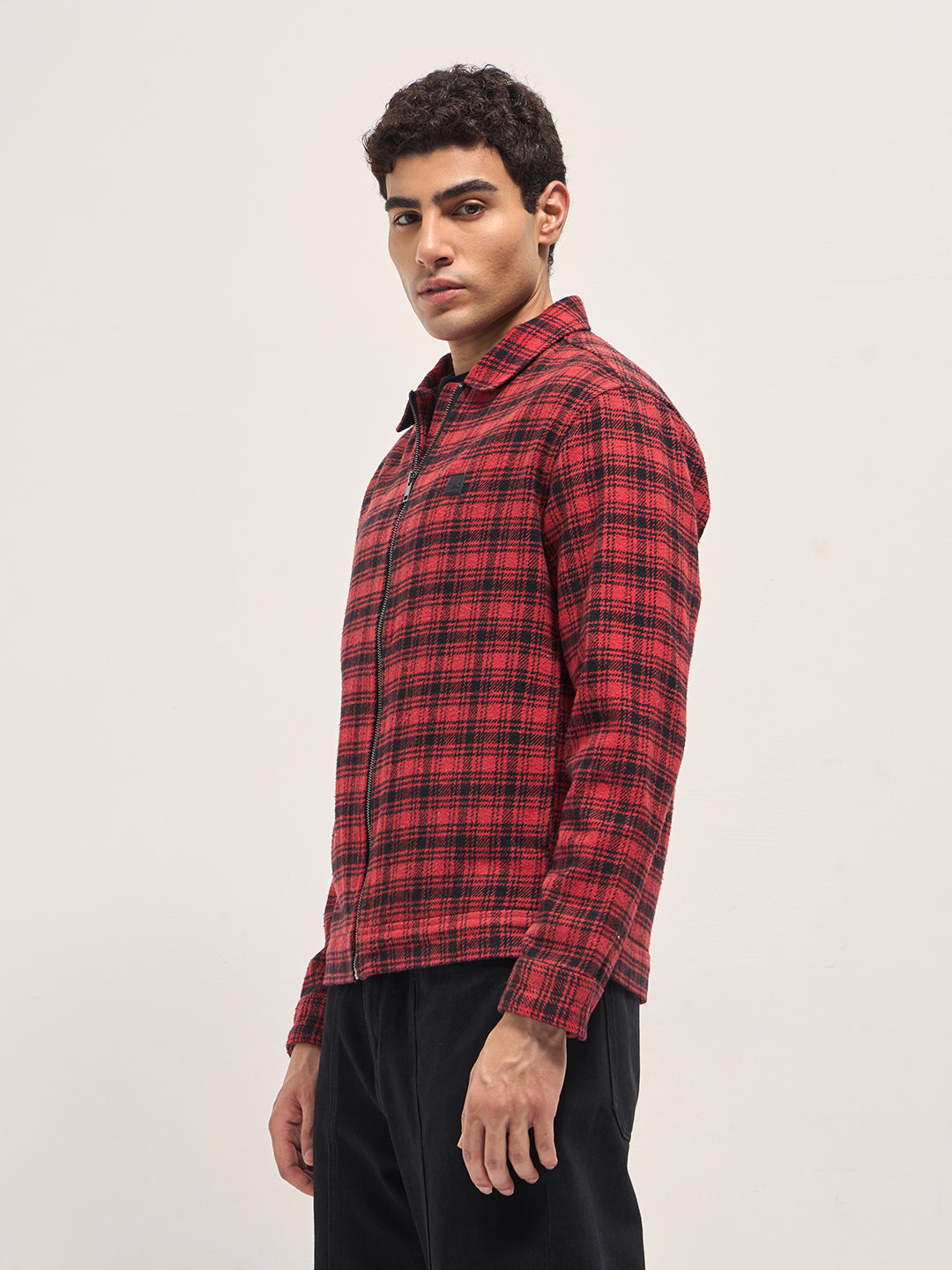 Men Red & Black Regular Fit Flannel Check Jacket