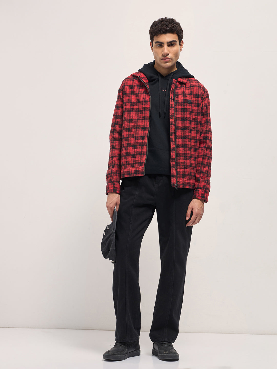 Men Red & Black Regular Fit Flannel Check Jacket