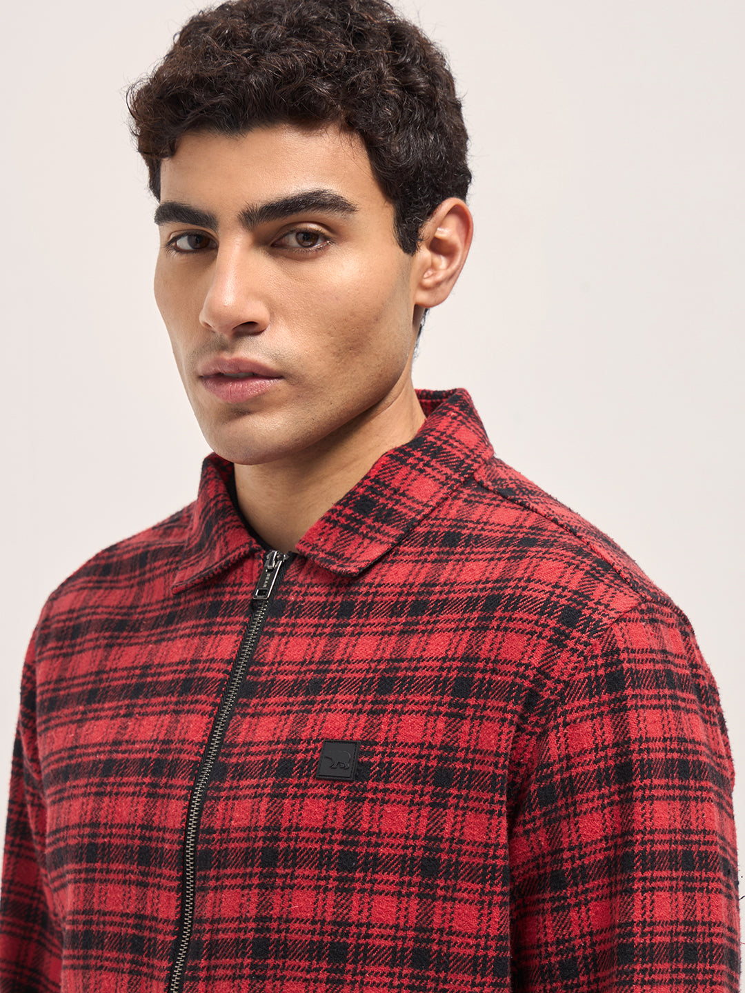 Men Red & Black Regular Fit Flannel Check Jacket