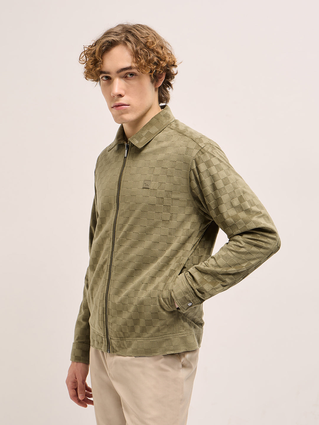 Men Green checkered texture Regular Fit Casual Jacket