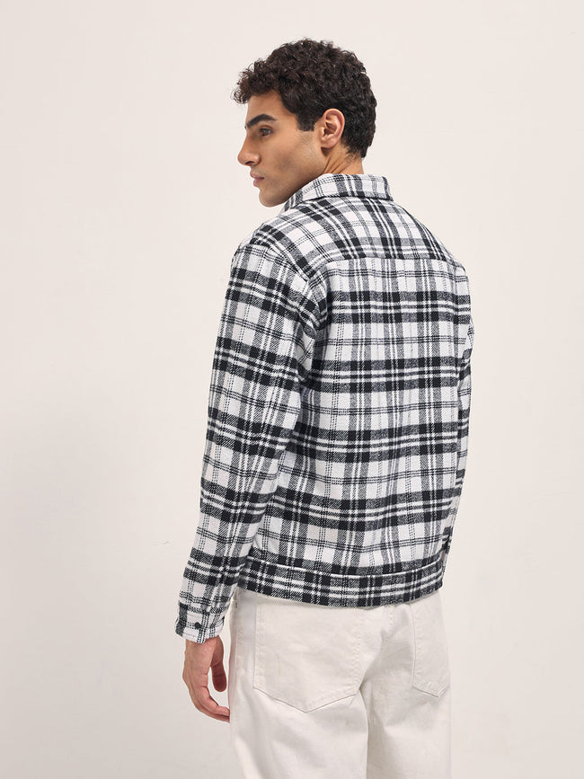 Men White & Black Regular Fit Flannel Check Jacket
