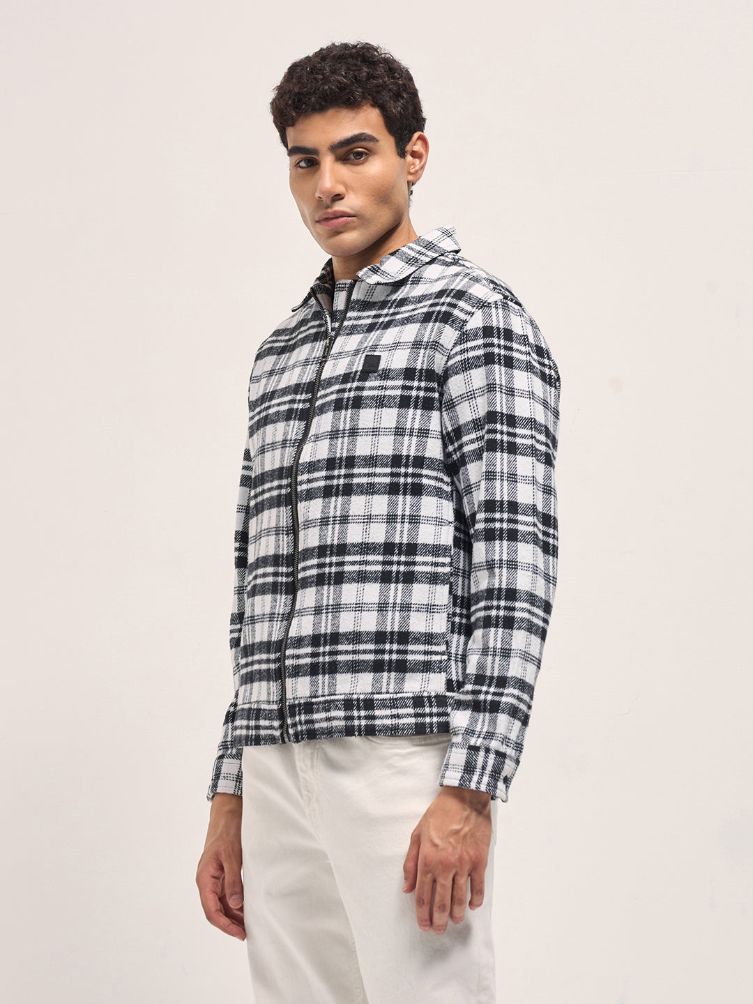 Men White & Black Regular Fit Flannel Check Jacket
