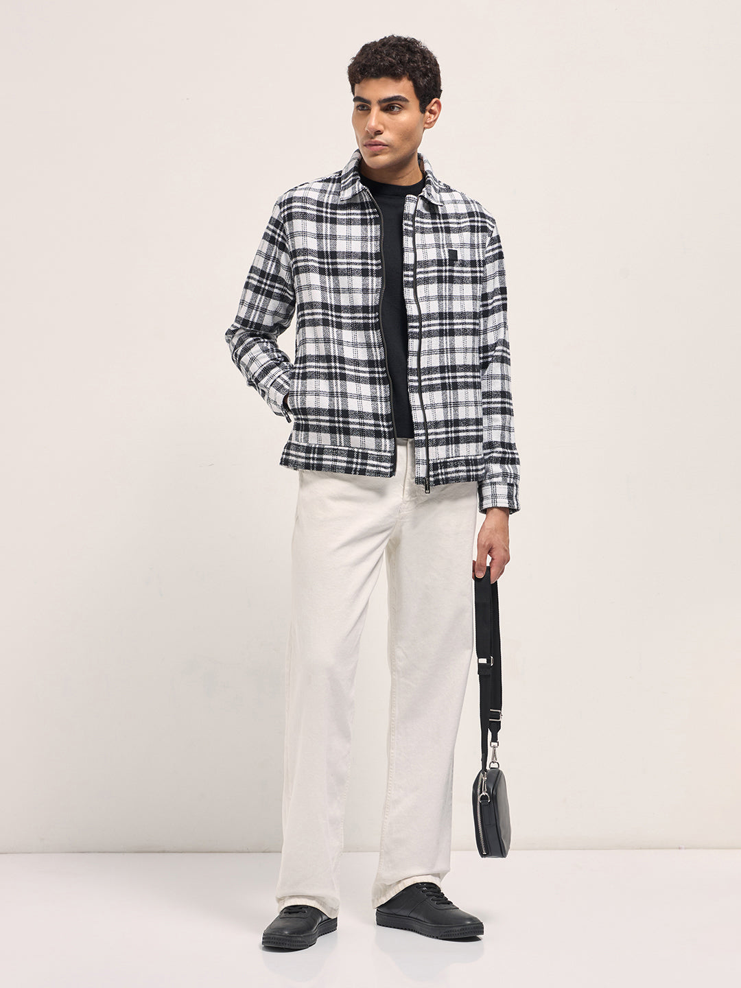 Men White & Black Regular Fit Flannel Check Jacket