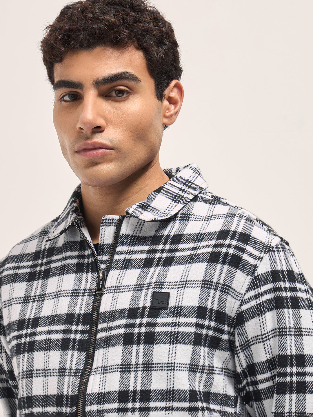 Men White & Black Regular Fit Flannel Check Jacket