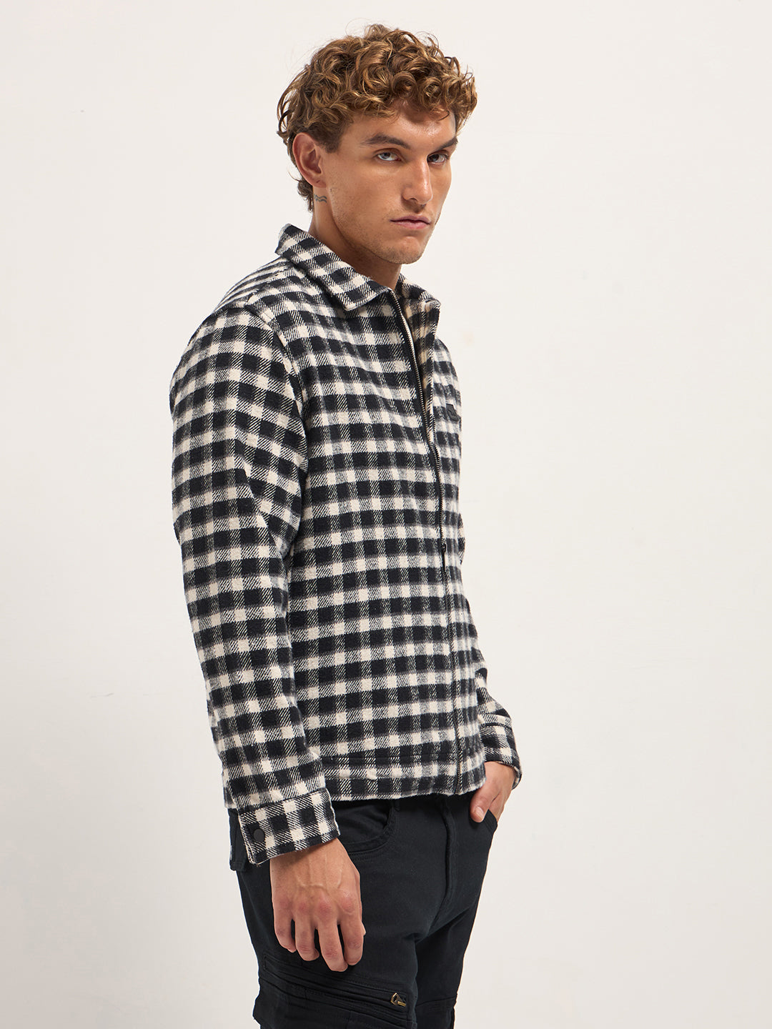 Men Black & White Checked Jacket