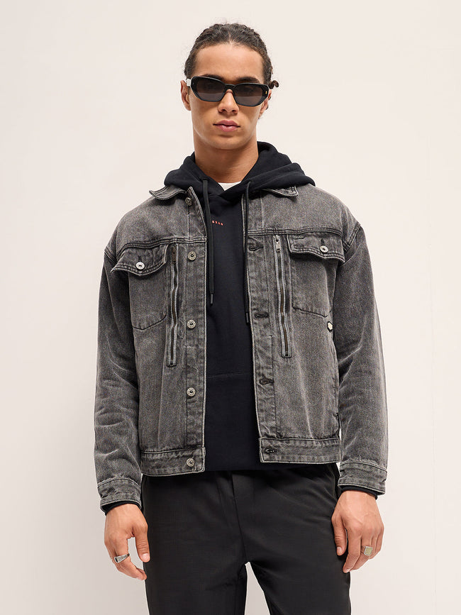 Men Light Grey Regular Fit Classic Denim Jacket