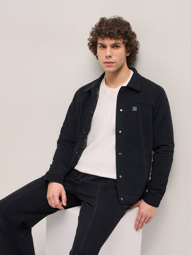 Men Black Corduroy Snap Button Closure