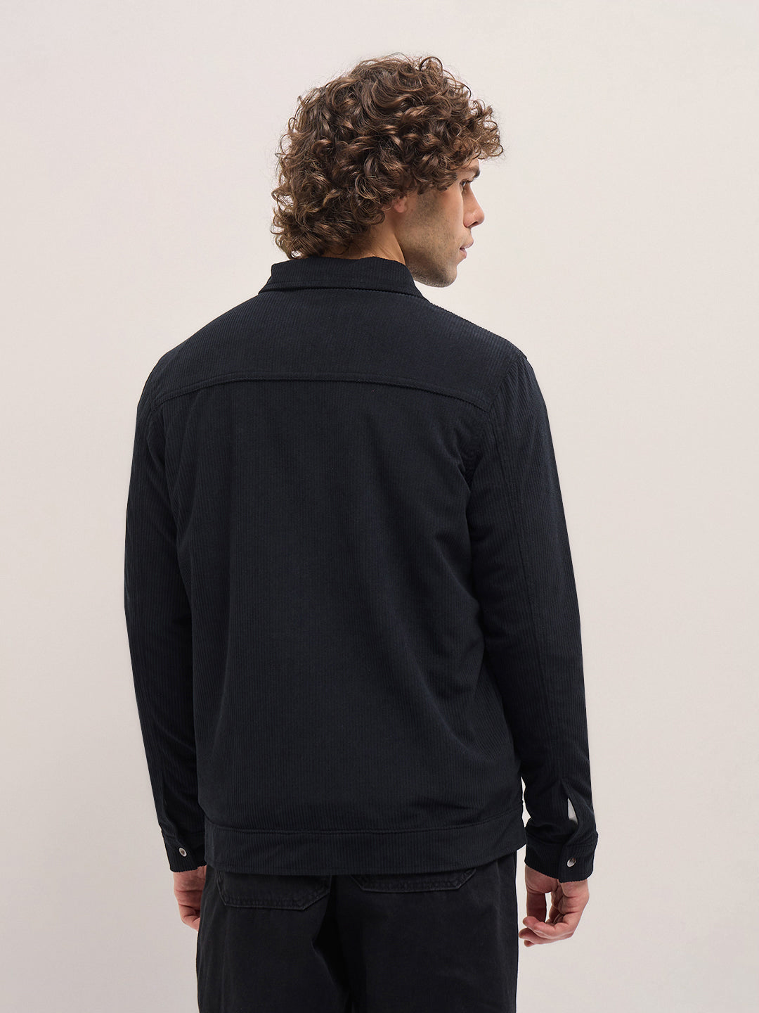 Men Black Corduroy Snap Button Closure