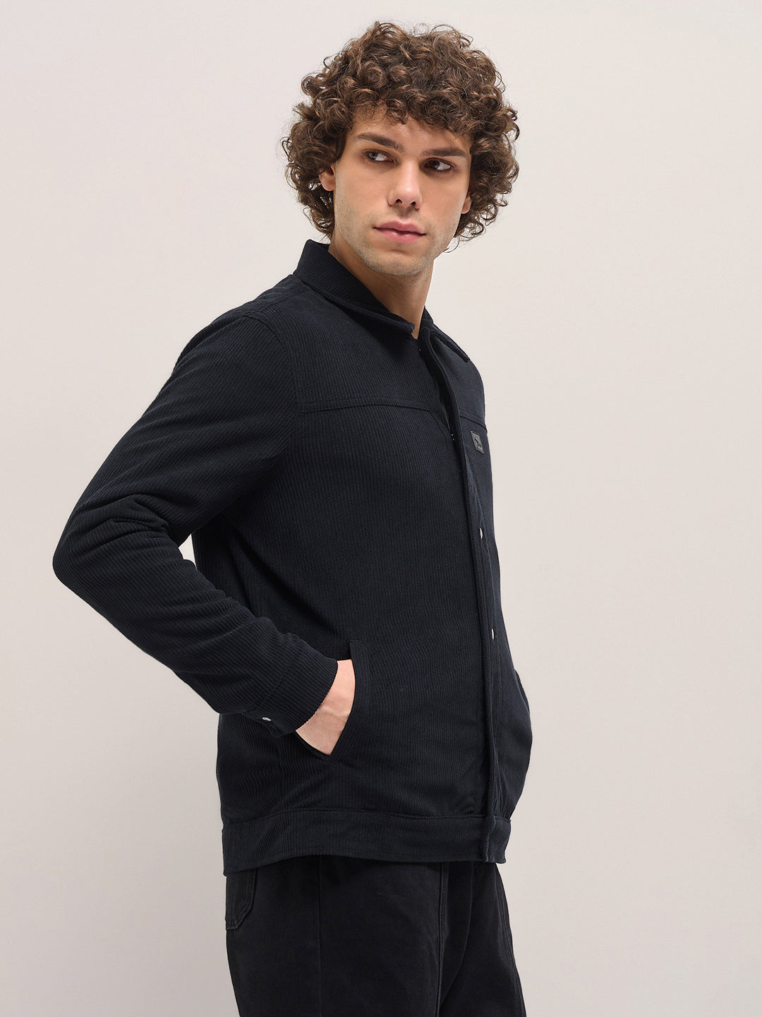 Men Black Corduroy Snap Button Closure