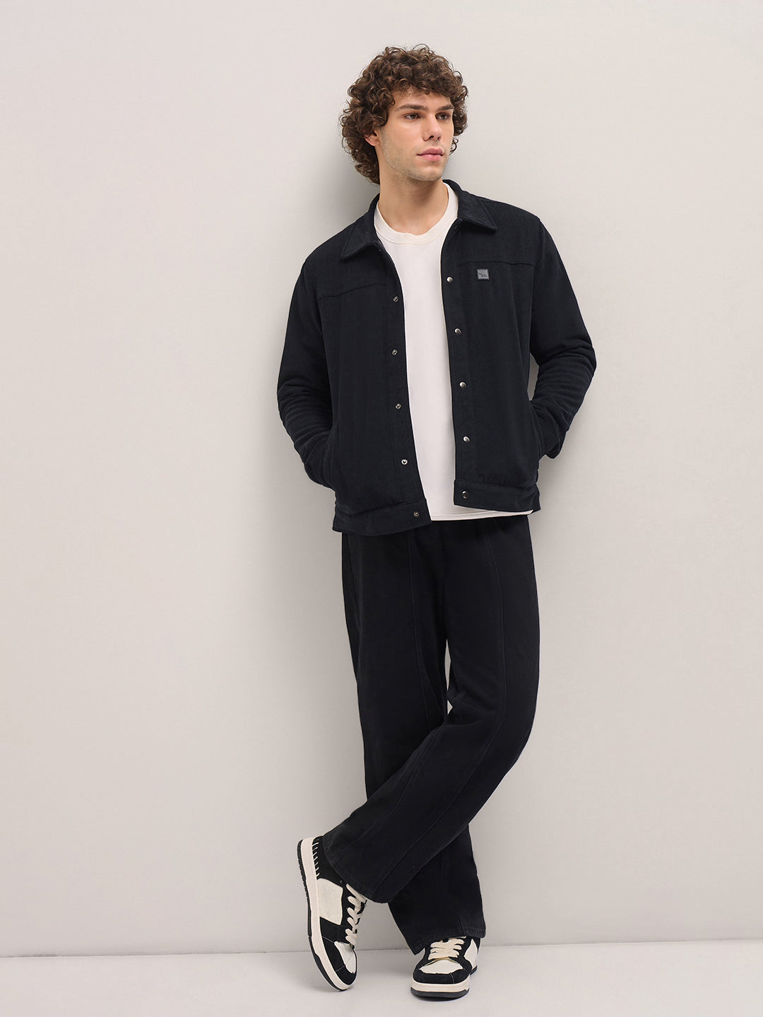 Men Black Corduroy Snap Button Closure