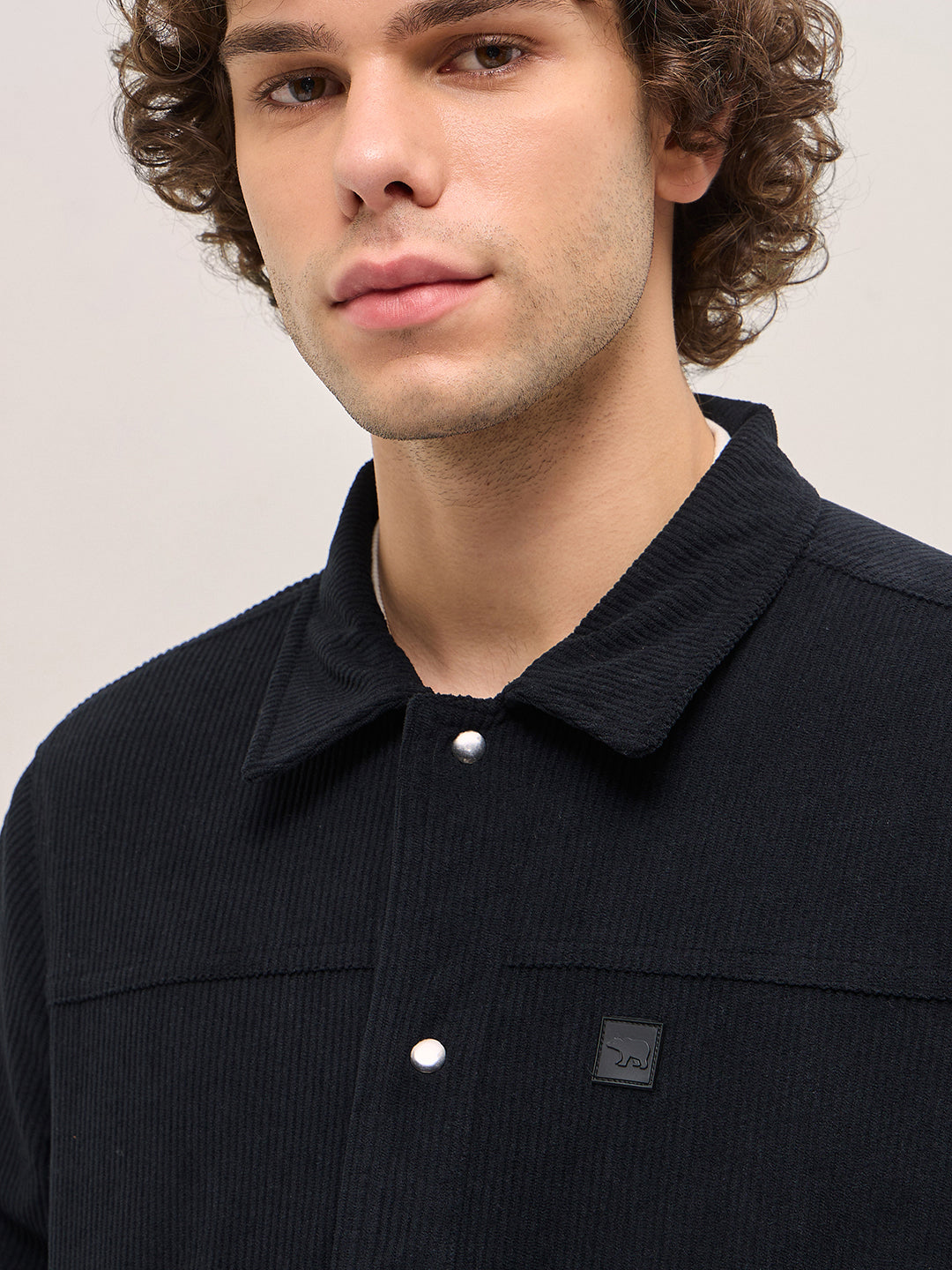 Men Black Corduroy Snap Button Closure