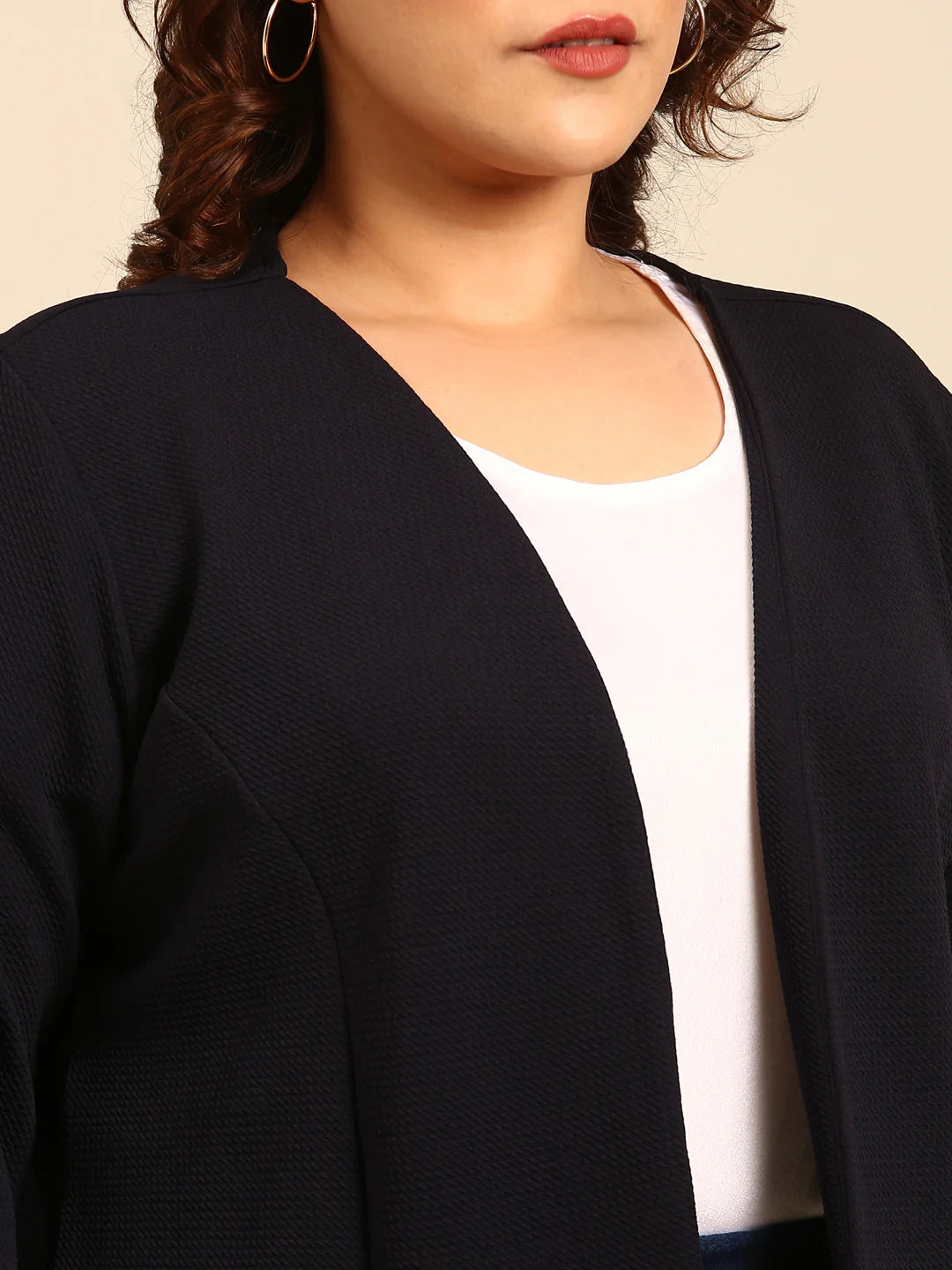 Women Navy Embossed  Formal Open Jacket
