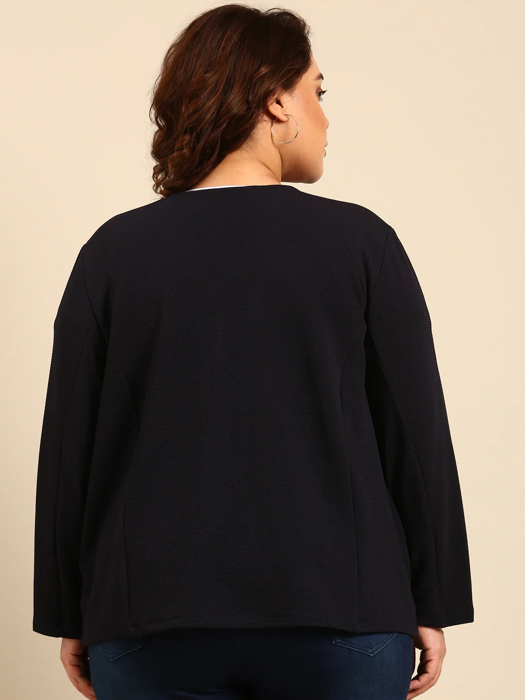 Women Navy Embossed  Formal Open Jacket