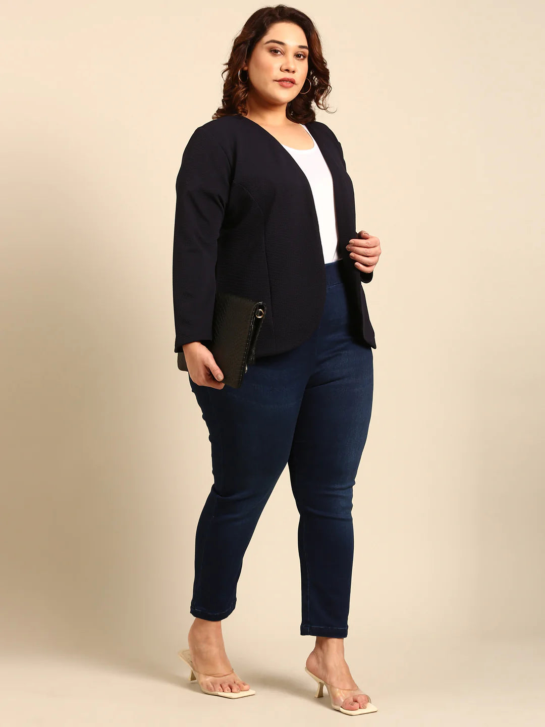 Women Navy Embossed  Formal Open Jacket