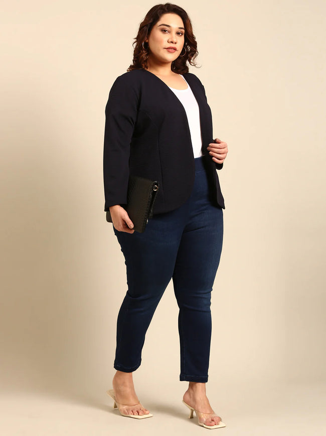 Women Navy Embossed  Formal Open Jacket