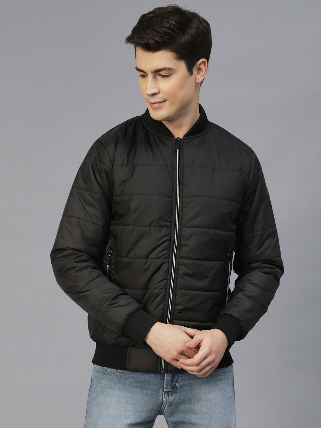 Men Black Bomber Full Sleeves Puffer Jacket