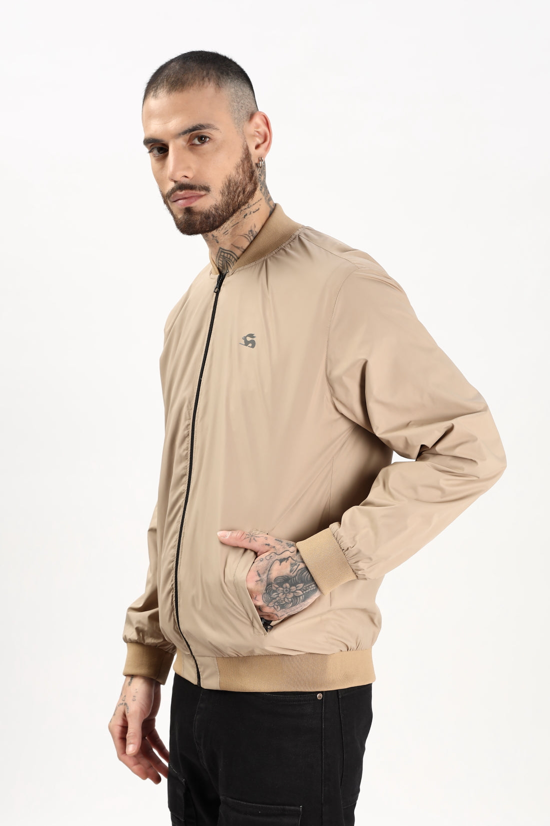 Men Beige Polyester Winter Jacket