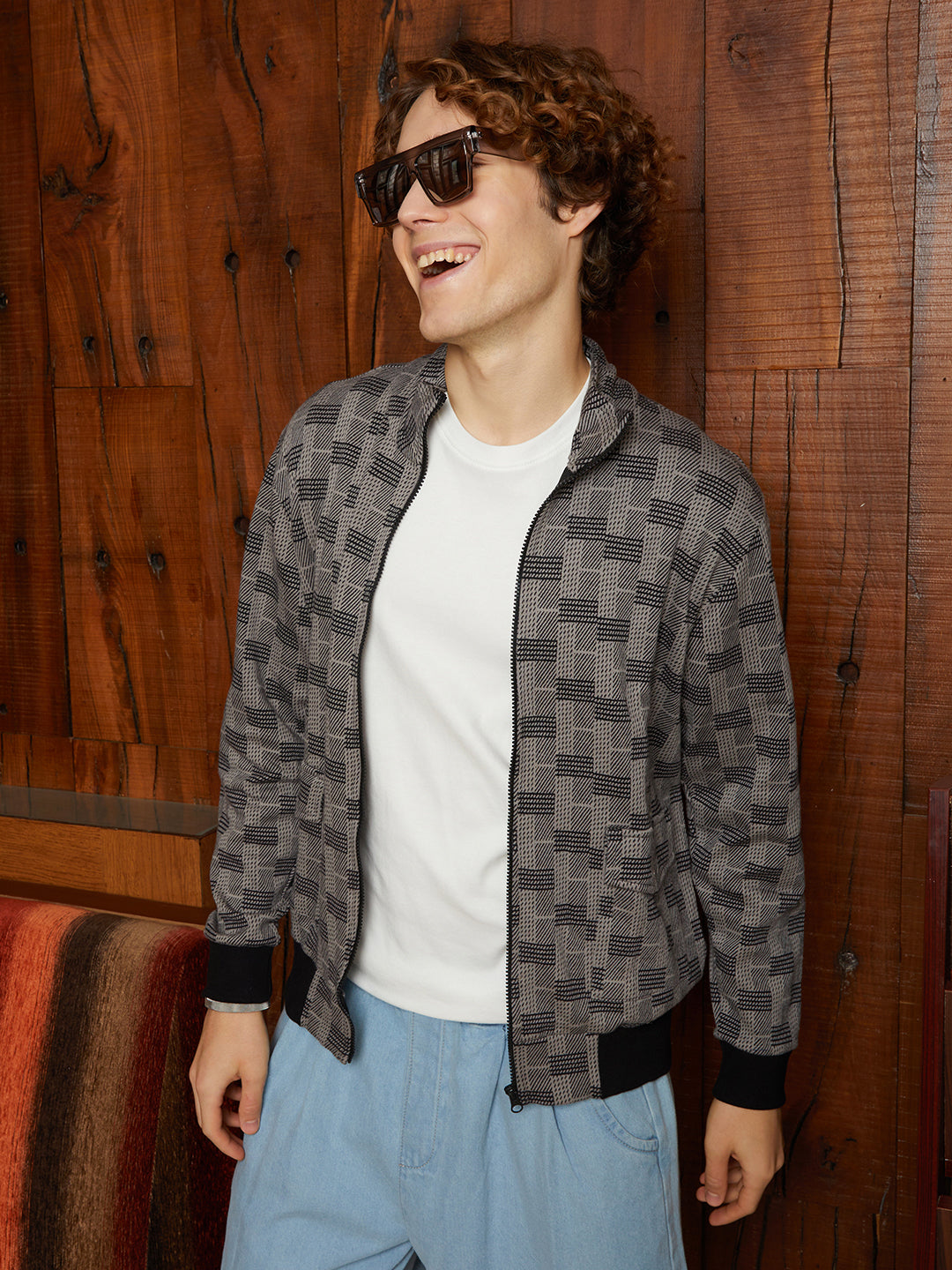 Men Ash Grey Zip-Front Brick Jacket