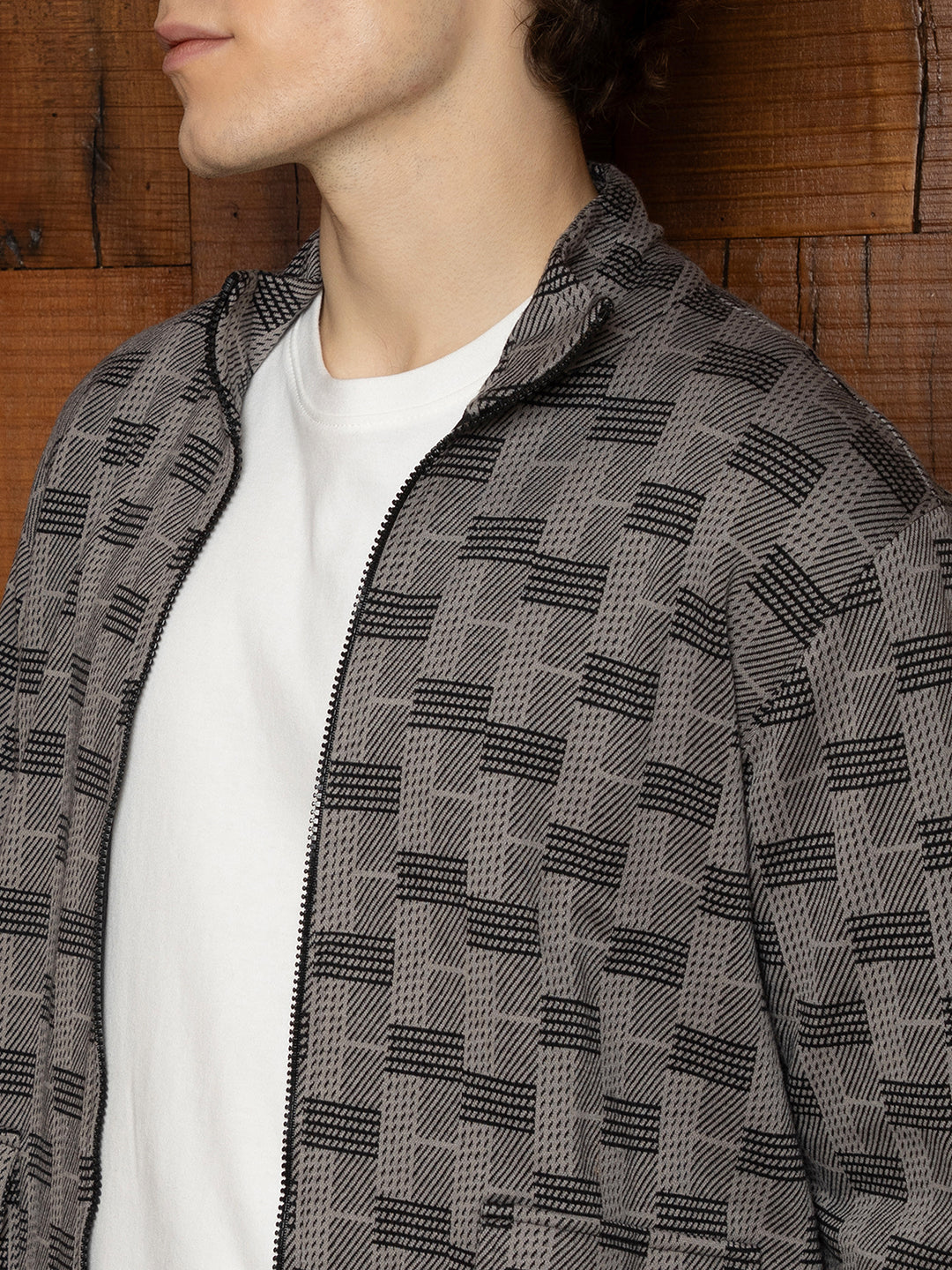 Men Ash Grey Zip-Front Brick Jacket