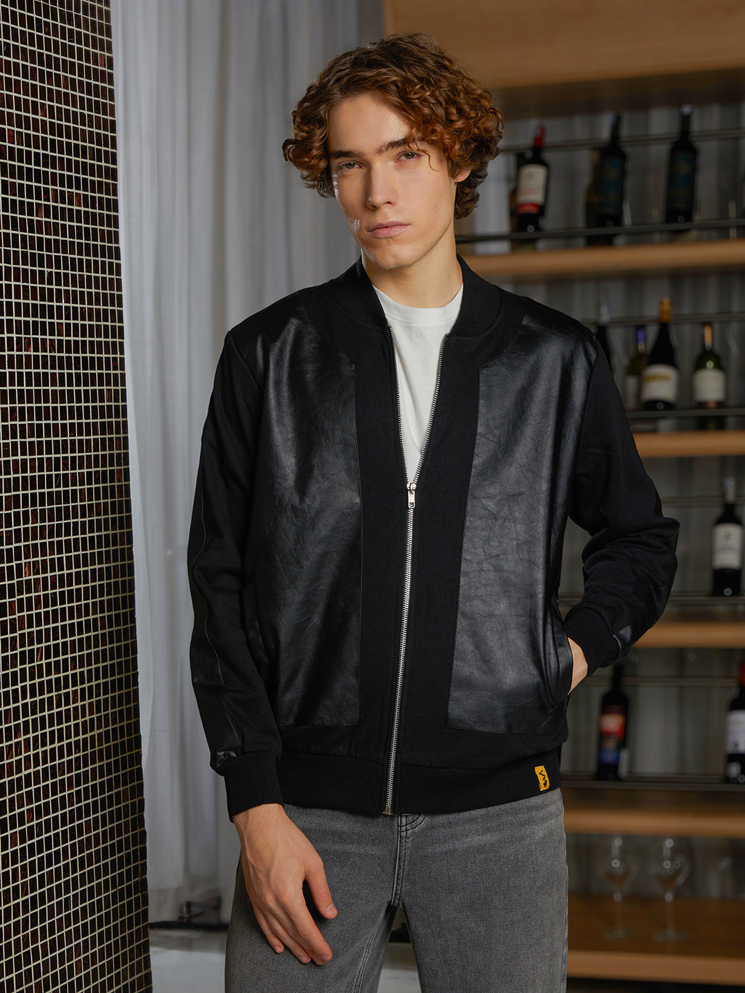 Men Onyx Black Self-Patch Bomber Jacket