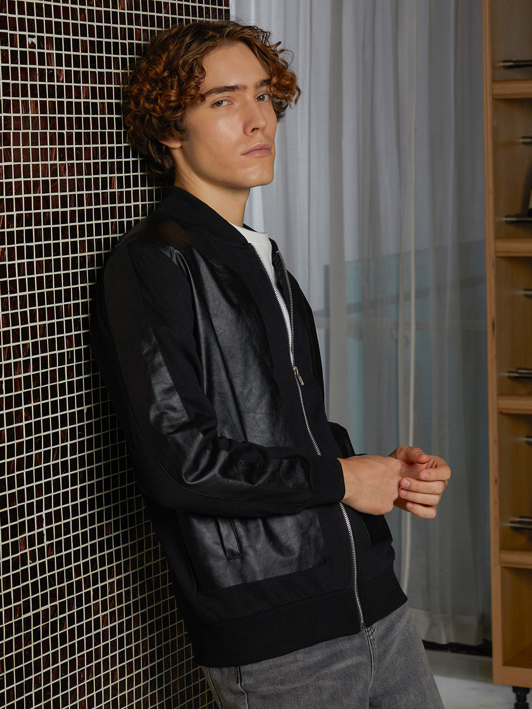 Men Onyx Black Self-Patch Bomber Jacket